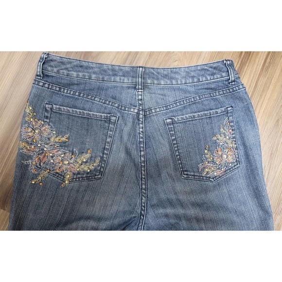 Chico's Platinum Denim Jeans Pants Floral Embroidered Studded - Picture 2 of 6